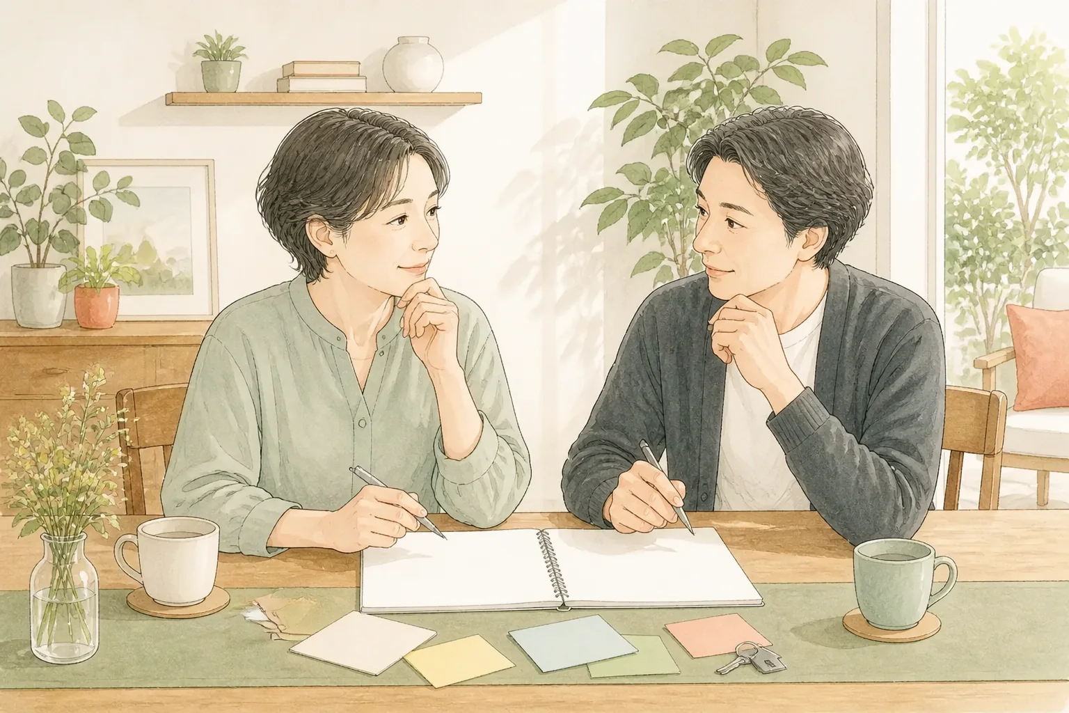 暮らしや価値観について対等に話し合う二人のイラスト