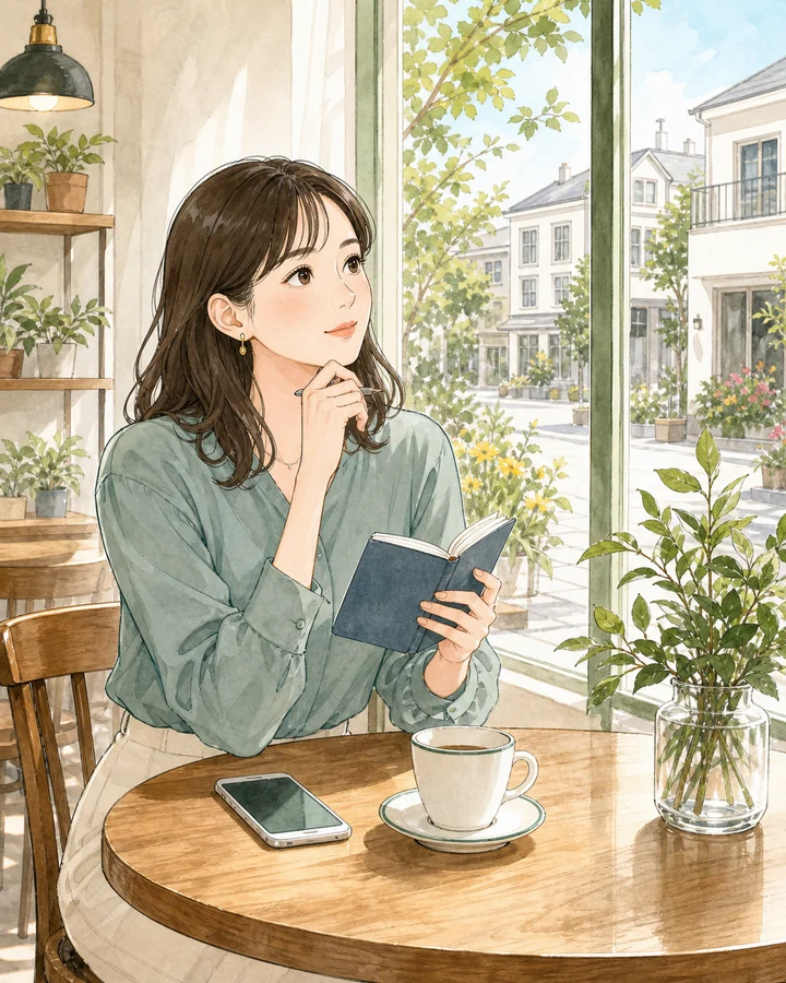カフェでノートを開き、これからの婚活を考える人のイラスト
