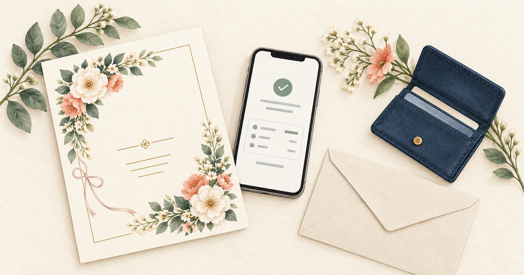 会費制結婚式の招待状、支払い確認を表すスマートフォン、財布と封筒のイラスト