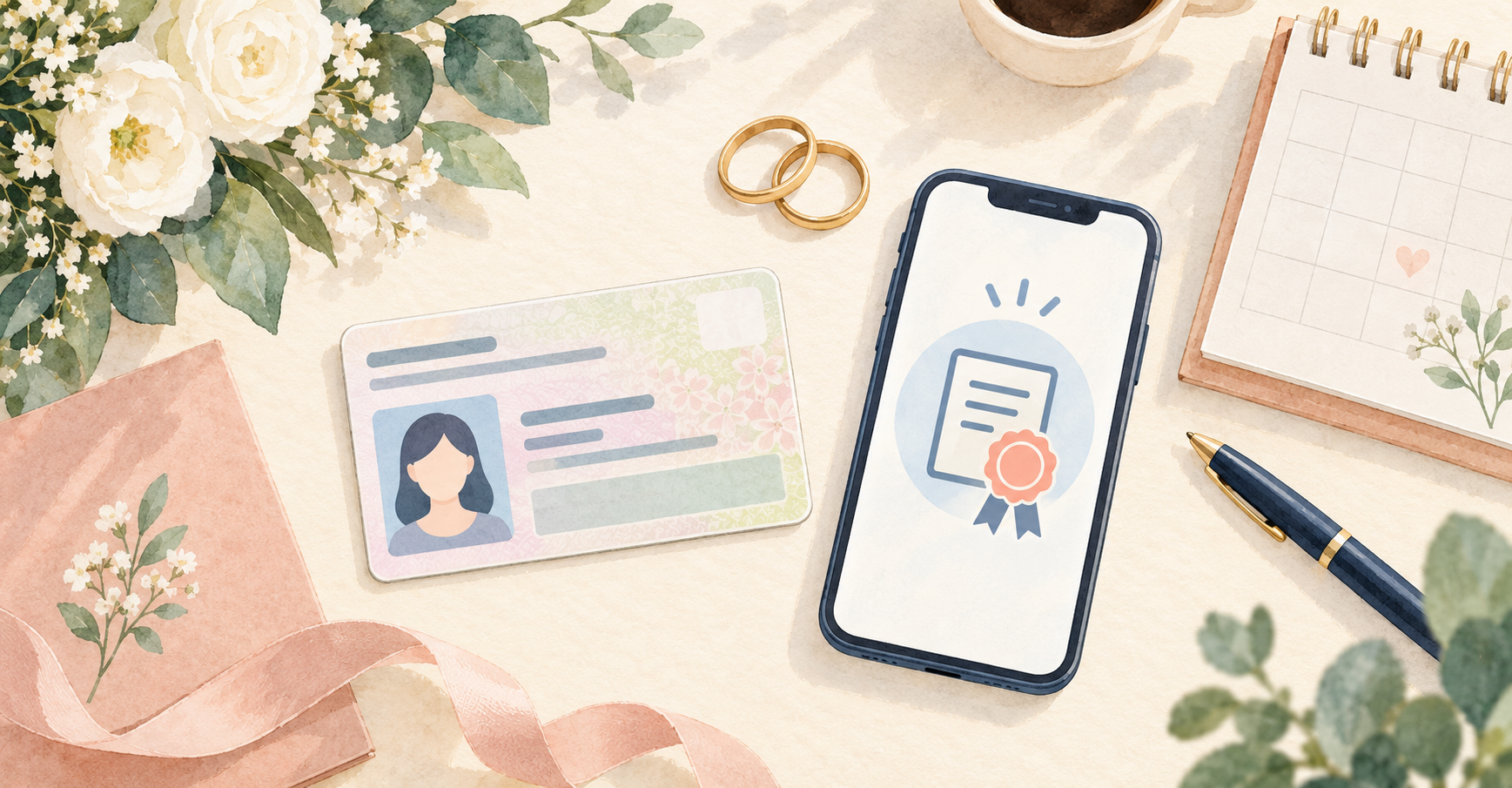 氏名変更の確認に使う架空の本人確認カード、電子証明書を表すスマートフォンと結婚指輪のイラスト