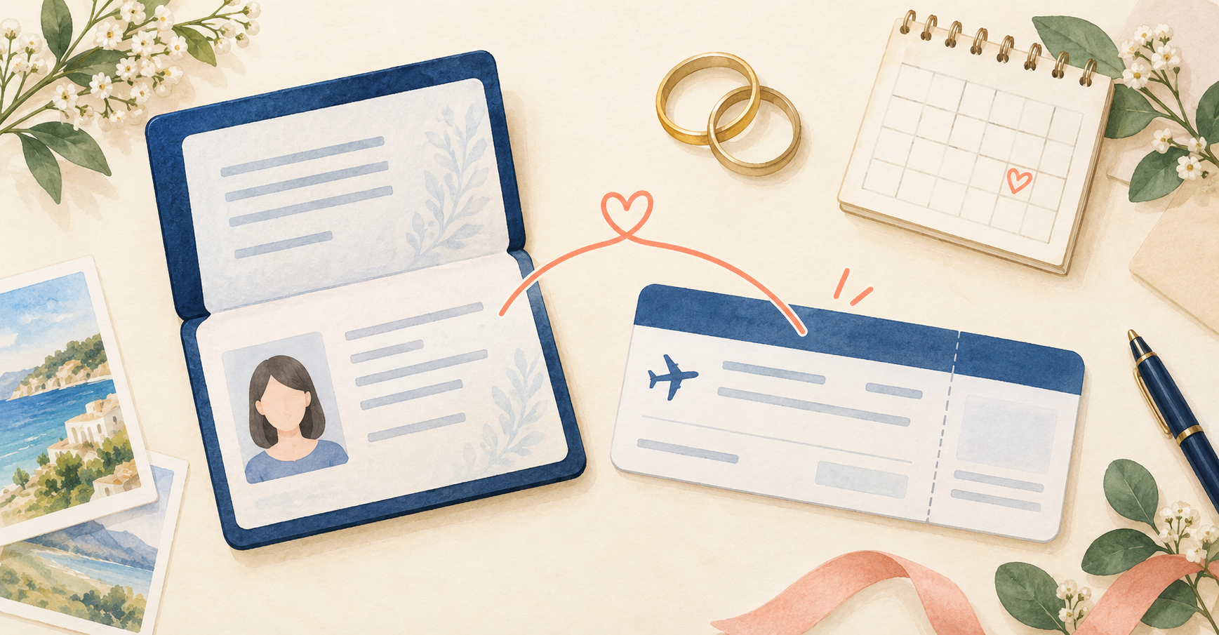 架空の旅券と航空券を並べ、名義の一致を確認する新婚旅行準備のイラスト