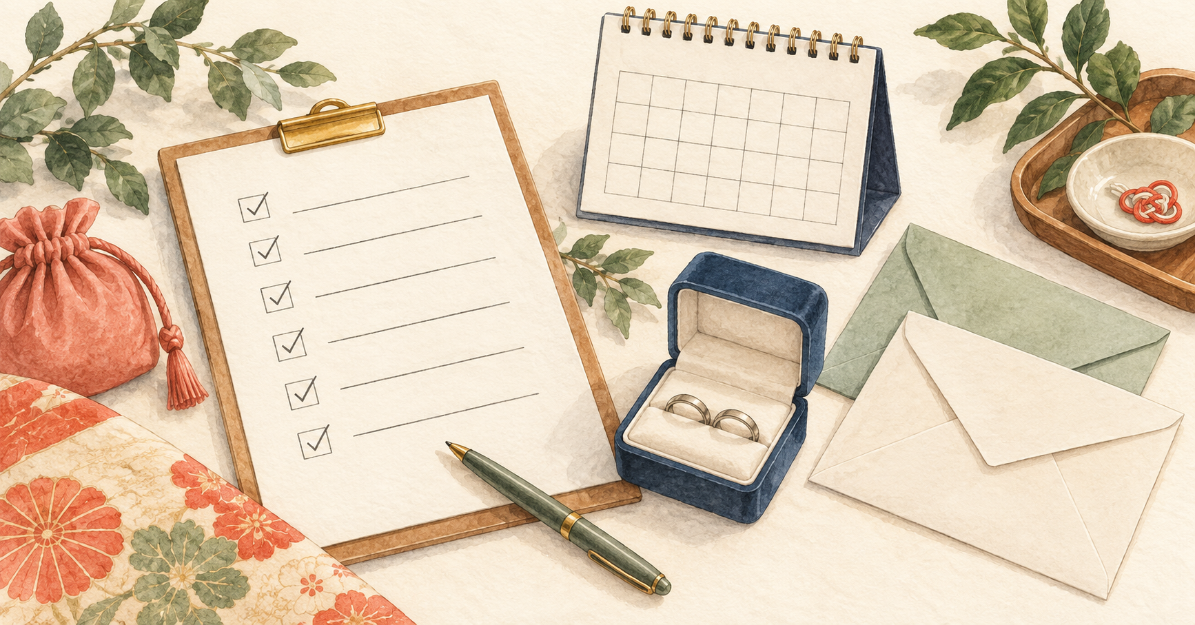 結婚指輪と封筒を並べ、チェックリストとカレンダーで結婚式直前の準備を確認するイラスト